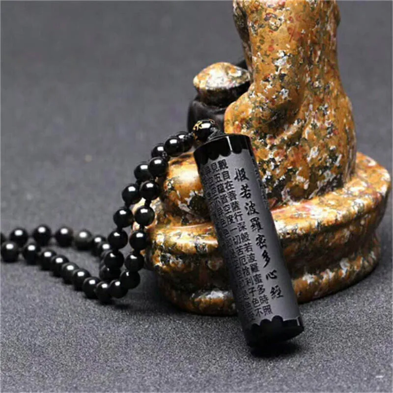 Natural Obsidian Pendant Prajna paramita Sutra Buddha Necklace Pendant With Lucky Beads Chain Fashion Jewelry For Men women 3
