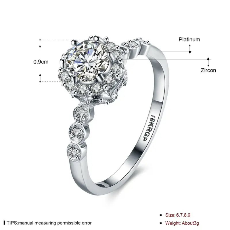 High Quality Personality 18 K White Gold Cubic Zircon Ring For Women Bridal Wedding Engagement Jewelry Bague CZ Ornamentation