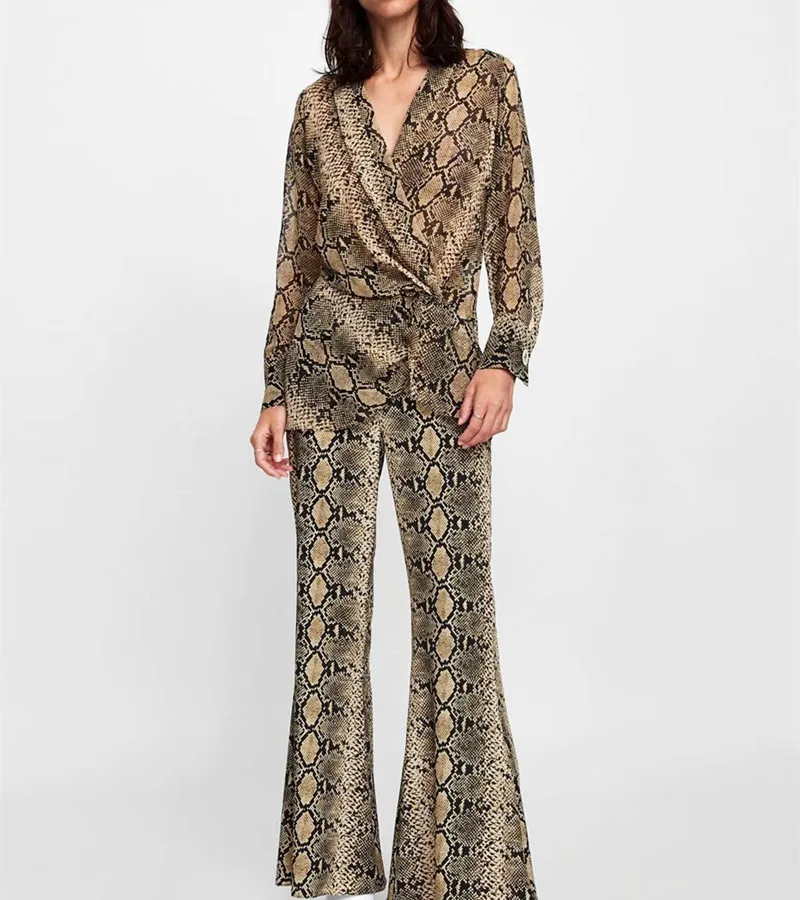 

Vintage Sexy Snake Print Waist Tied Knot Slim Shirt Long Sleeve Turn-down Collar Women Mid Long Blouse Tops office Lady Wear