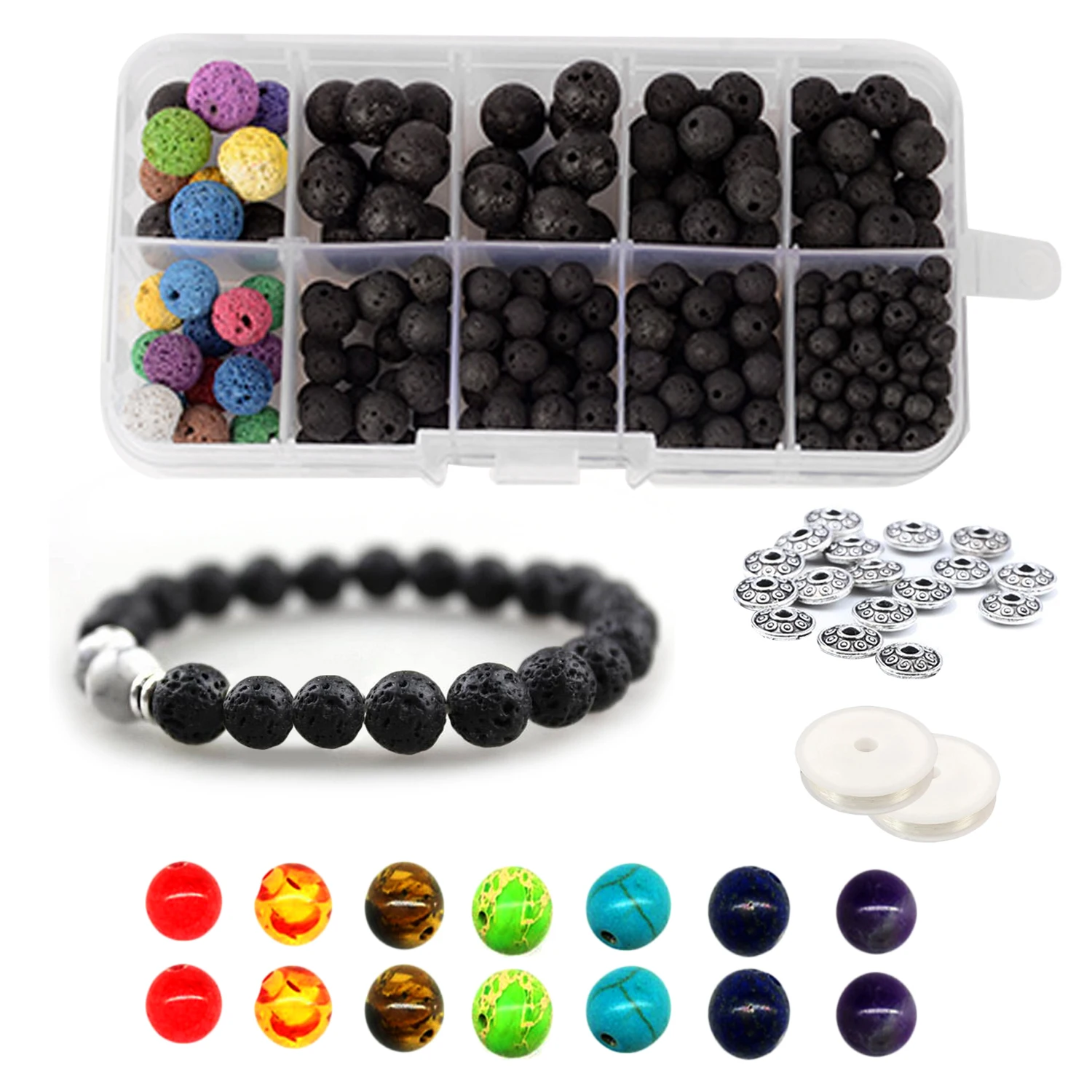 

339PCS 8mm Round Colored Chakra Beads Natural Volcanic Lava Stone Loose Beads & 2 Roll Crystal String for DIY Jewelry Making