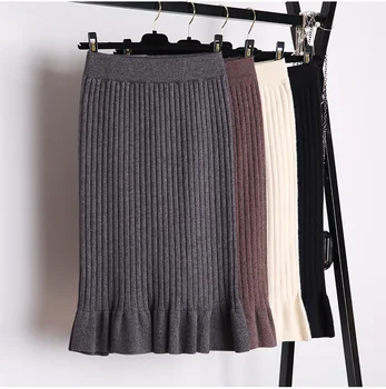 

Autumn Winter Thick Knitting Pencil Midi Skirt Women's Fishtail Ruffles Sweater Pencil Skirt Ladies Elastic Waist One Step Skirt