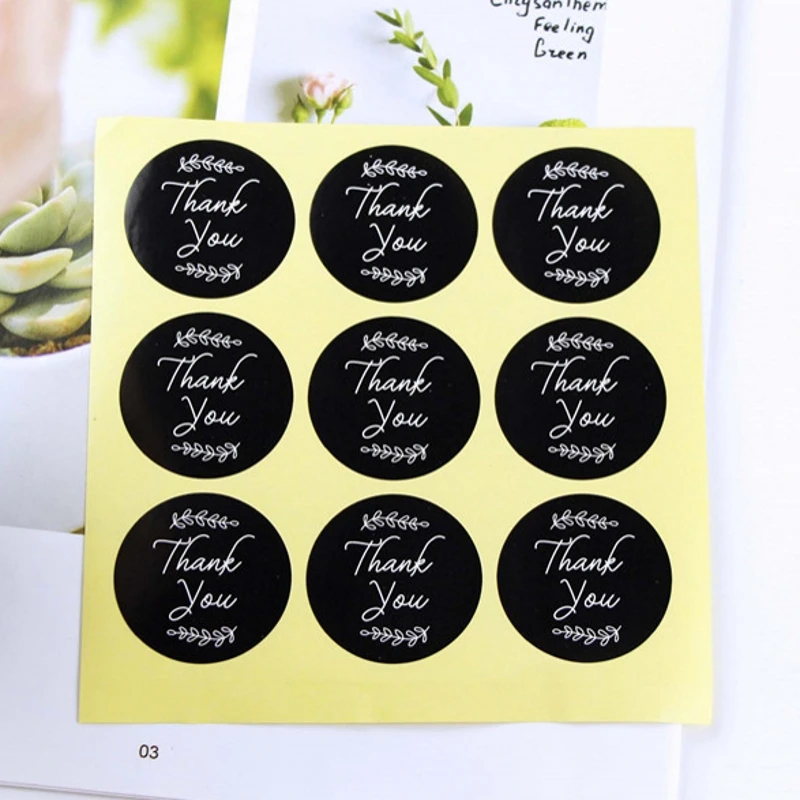 

90Pcs Round Black Thank You Leaves Cake Packaging Sealing Label Kraft Sticker Baking DIY Gift Stickers