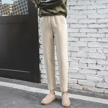 Kpop Harajuku новые зимние бежевые шаровары элегантные шикарные повседневные узкие брюки с эластичной резинкой на талии простые шерстяные брюки женские видео