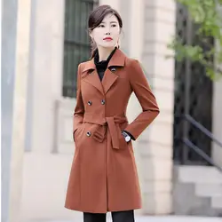 Новый стиль 2018 г. осень зима среднего длинные ветровки пальто двубортная верхняя одежда женские Верхняя одежда с поясом
