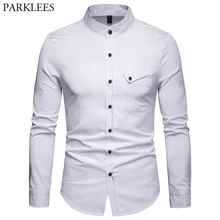 Белая мужская рубашка с воротником "Мандарин", весна, новинка, приталенная Мужская рубашка с длинным рукавом и принтом "Хенли", деловая повседневная одежда, рубашки, Chemise Homme