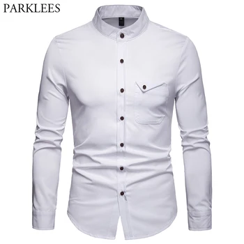 

White Mandarin Collar Shirt Men 2019 Spring New Slim Long Sleeve Henley Shirt Mens Business Casual Dress Shirts Chemise Homme