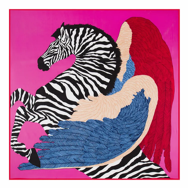 Lady's Gift 130*130cm Pure Silk Euro Brand Style Women Zebra Horse and Wings Feather Silk Square Scarf Femal Fashion Shawls