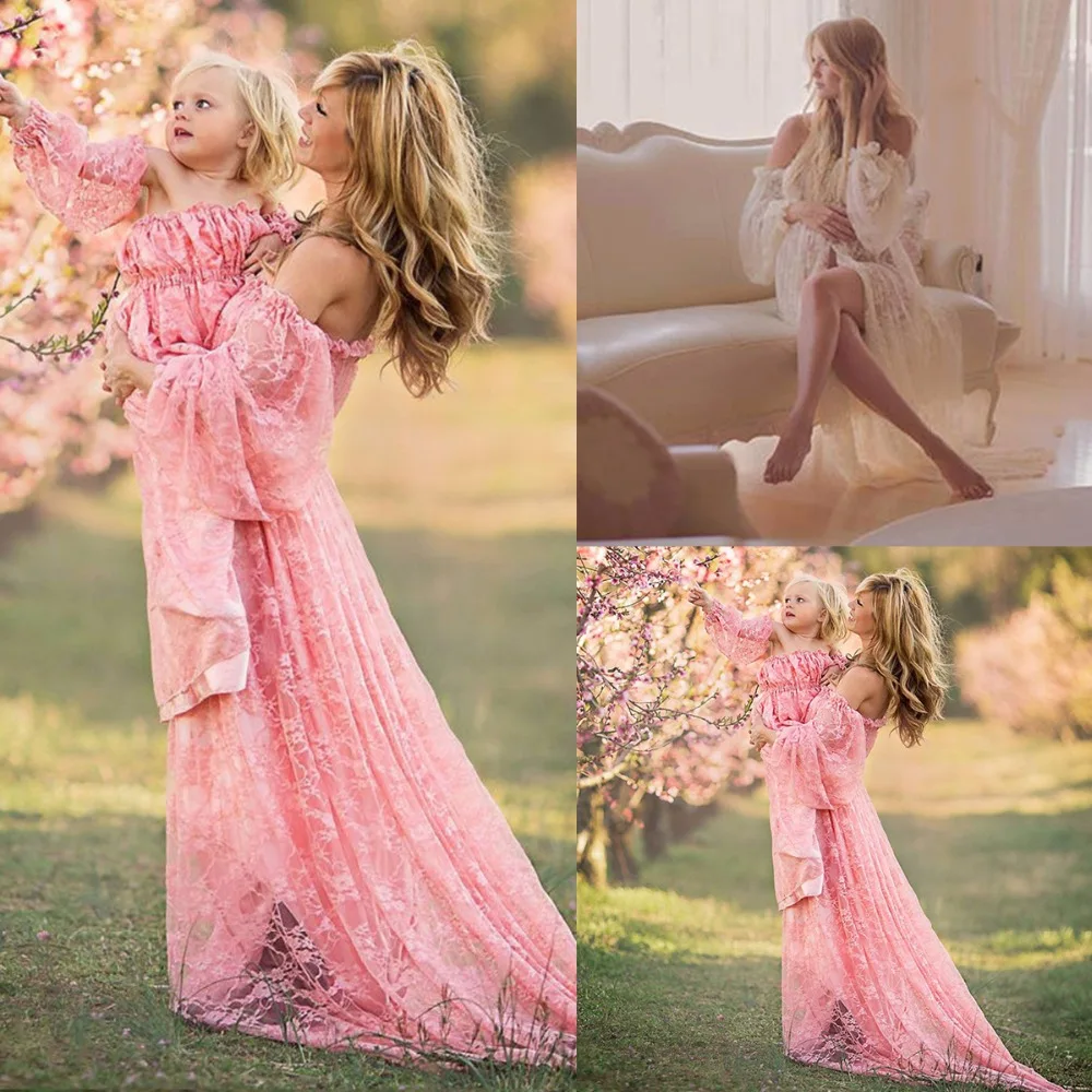 

Puseky Maternity Women Lace Off Shoulder Maxi Fairy Dress Boat Neck High Split Photography Prop Pregnant Lady Wear