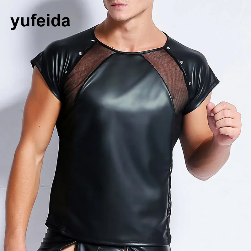 

Sexy Lingerie PU Leather Mesh T Shirts Male Mesh Patchwork Undershirts Men Tees Tight Shirts Male Funny Corset Dancewear Uniform