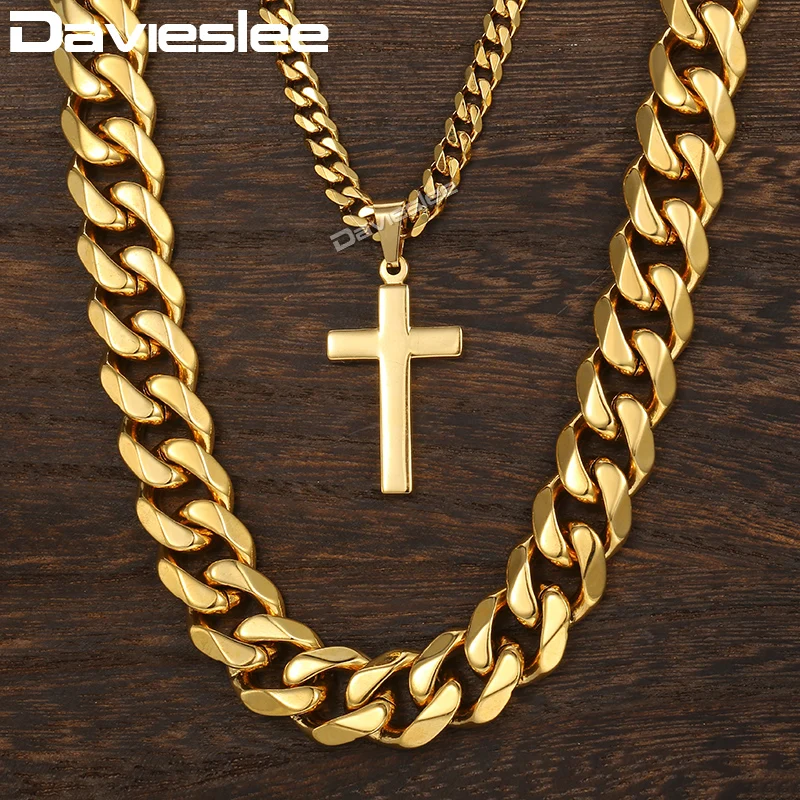 

Davieslee Necklace For Men Cross Pendant Double Chain Gold Tone Stainless Steel Cuban Link Men's Necklace DDN07
