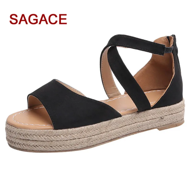 

HB@SAGACE Ladies Sandals Women's Platform Peep Toe Woven Zipper Flat Thick-Bottom Sandals Roman Shoes Sandalias Mujer 2019
