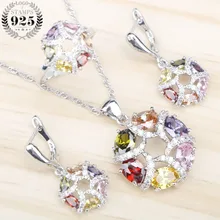 Ювелирные наборы на заказ, серебро 925, ювелирные изделия для женщин, Модные Цветные циркониевые подвески, ожерелье, кольца, серьги с камнями, подарочная коробка
