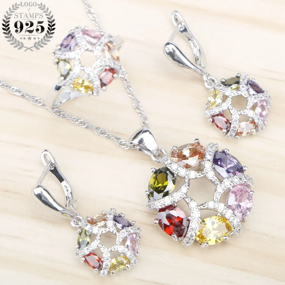 Custome Jewelry Sets Silver 925 Jewellery Women Trendy Colorful Zircon Pendant Necklace Rings Earrings With Stones Gift Box