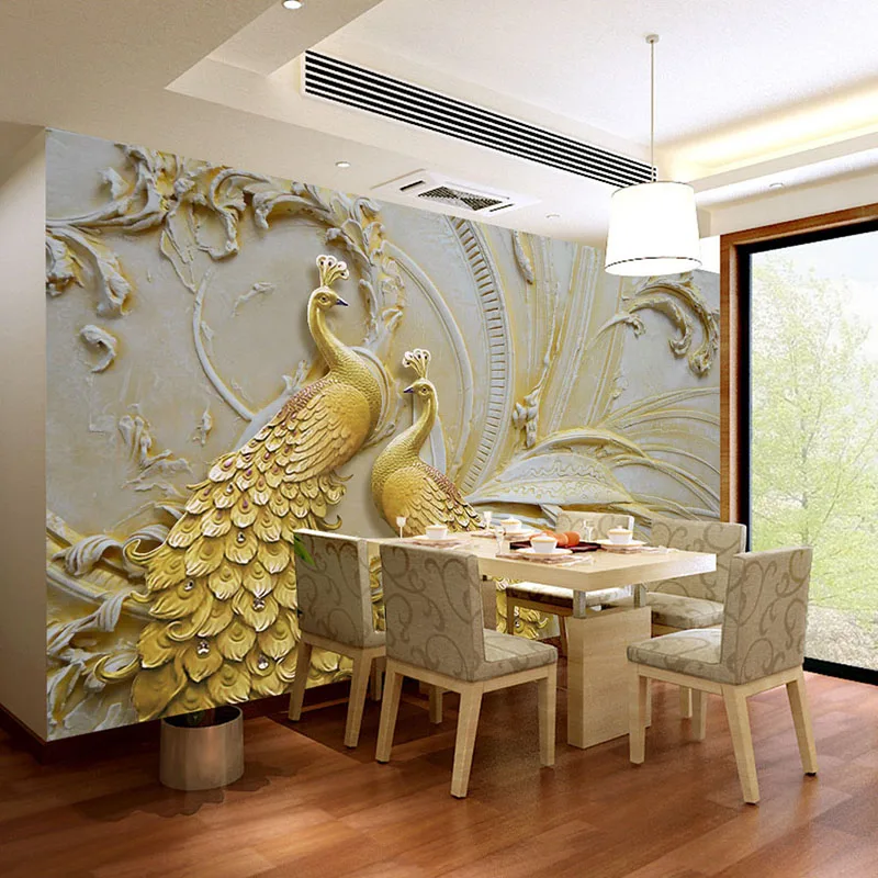 European Style 3D Relief Gold Peacock Mural Wallpaper Living Room TV Hotel Background Wall Home Decor Wall Papers For Walls 3 D