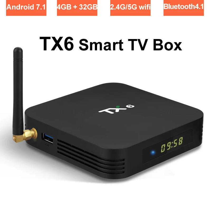 

Android TV Box 4GB RAM 32GB ROM Dual Band Wifi 2.4G/5G Allwinner H6 Quad Core 4K Ultra HD Media Player Bluetooth Boxes Antenna
