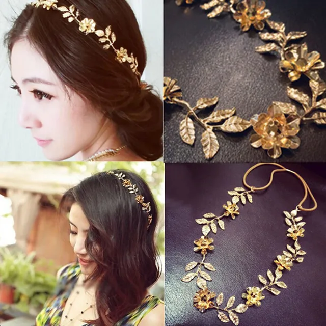 Buy Women Elastic Gold Leaves Crystal Flower Headbands