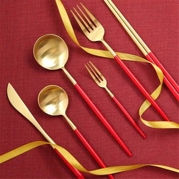 

Red Gold Cutlery Set Stainless Steel Kitchen Dessert Dinner Fork Spoon Knife Dinnerware Tableware Sets Gift Drop Shipping