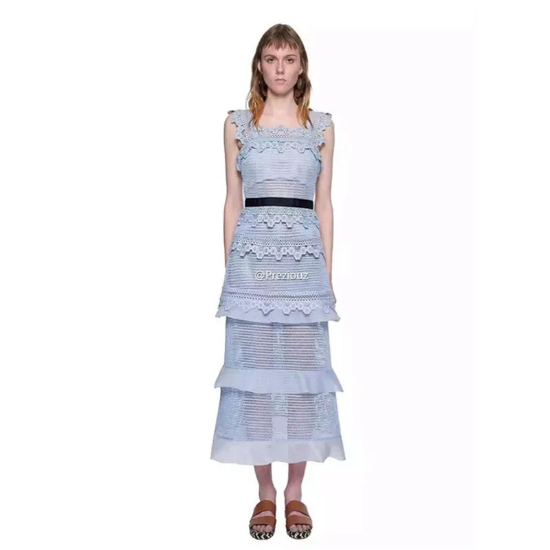 calf 2018 Dress Mid Self Mesh Tops Brand Runway Patchwork New Backless Style Blue Lace Sexy Women Dresses Portrait 6tFFqxwZ