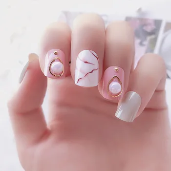 

False nails with designs 24pcs Pattern Fake Nails with Glue Short Finger Nail Pink White Pearl hybrid Artificial Nails Full tips