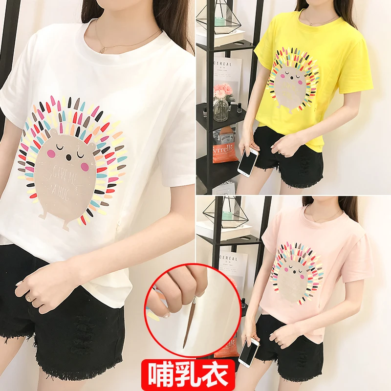 8801# Cartoon Print Cotton Maternity Nursing T-shirt Breast Feeding T Shirt Clothes for Pregnant Women Summer Pregnancy Tees Top