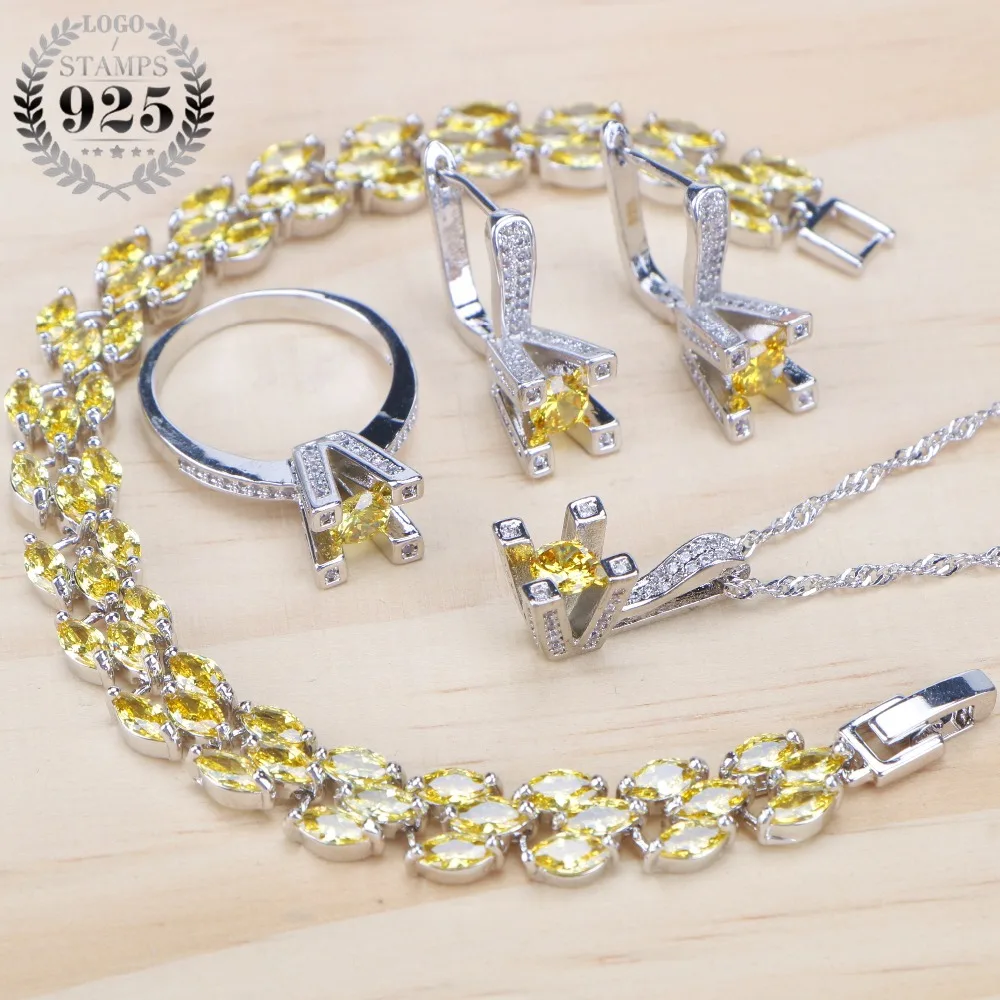 

925 Sterling Silver Yellow Zirconia Bridal Jewelry Sets Women Stone Clips Earrings Bracelets Necklace Ring Set Gifts Jewelry Box