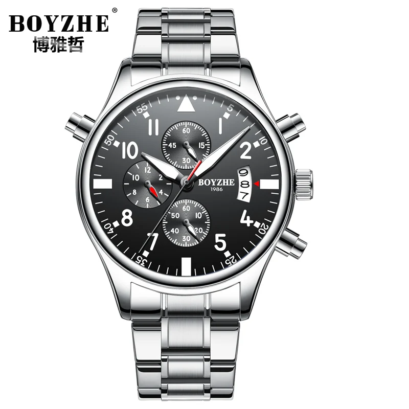 

Solid Stainless Steel Navy Blue Dial Sports Date Function Watch 30M Water Resistant Chronograph Watch Waterproof Luminous