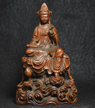 

wedding decoration 5" Chinese buddhism boxwood wood exquisite sit Kwan-yin Guan Yin buddha Statue