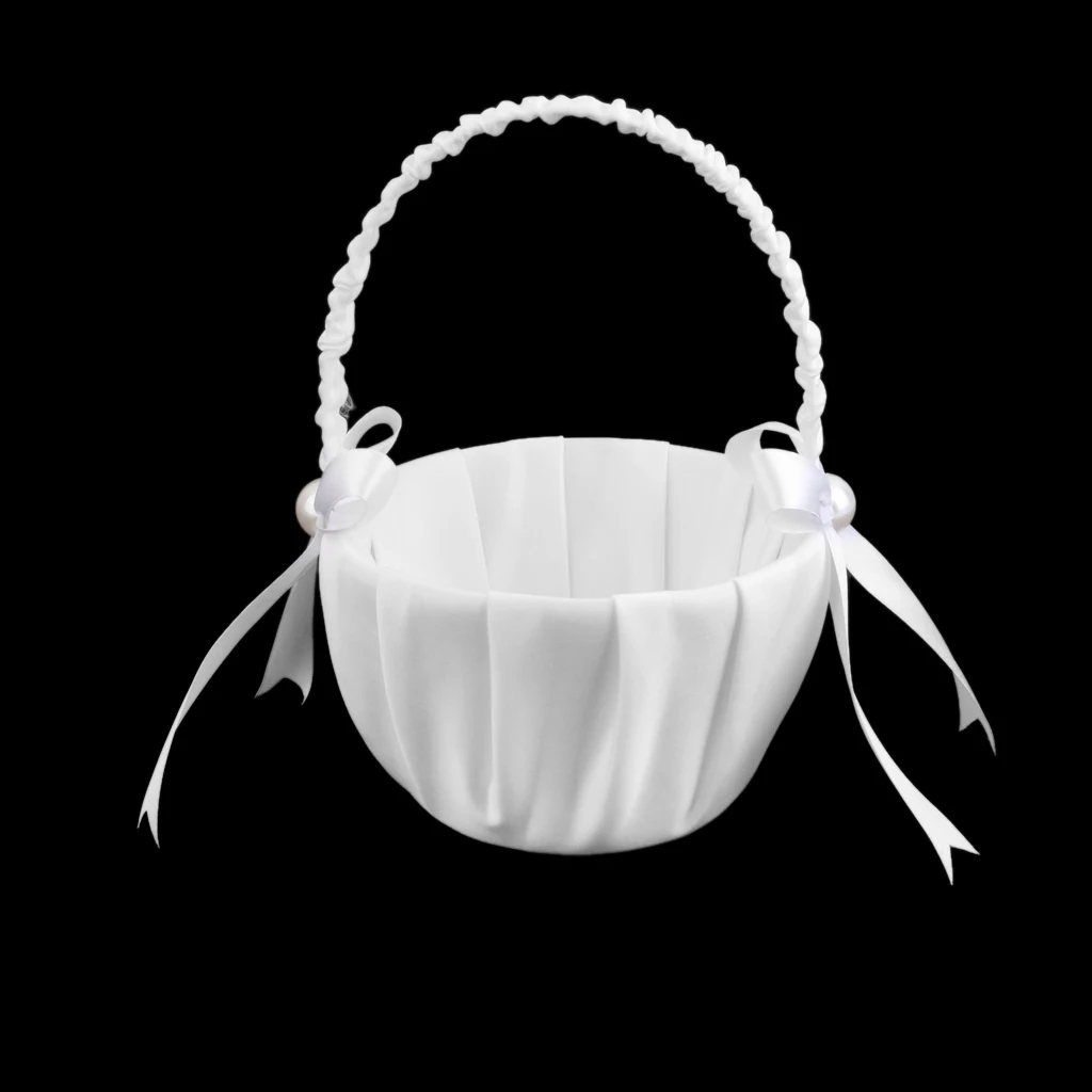 MagiDeal White Satin Pearl Flower Basket Flower Embellishment Girl Scattering Basket for Wedding Ceremony Party
