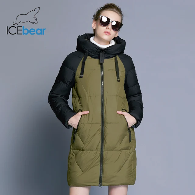 ICEbear Новинка 2018 года Для женщин зимняя куртка с капюшоном Для женщин контраст Цвет средней длины Новый Для женщин хлопковое пальто до колена 17G637D