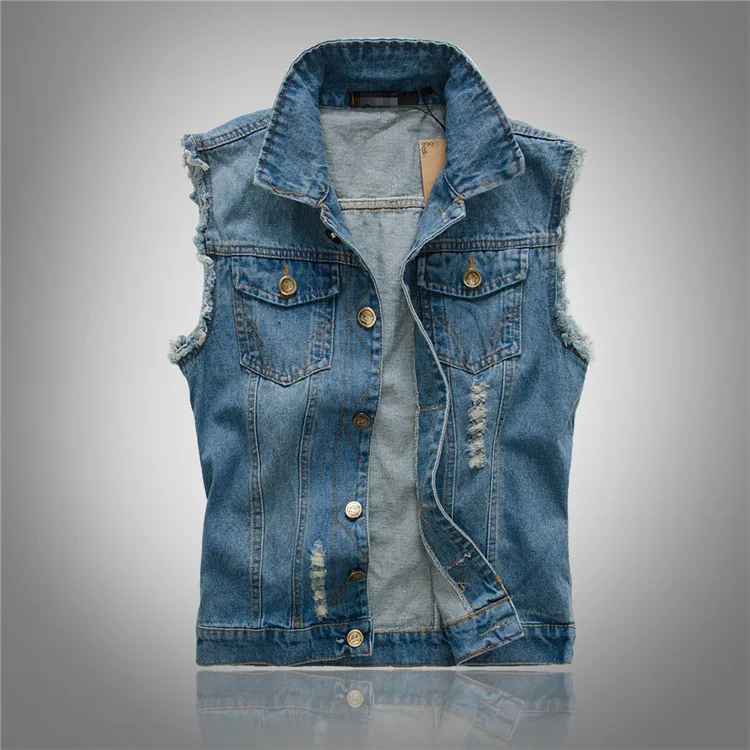 

summer style Men's denim vest slim men denim Outerwear Coats fashion hole Sleeveless vest for men big size 5xl 6xl blue black