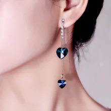 MOONROCY ювелирные изделия оптом сердечко серебряного цвета формы Длинные Гипербола синий зеленый серьги с розовыми кристаллами для женщин подарок Прямая поставка