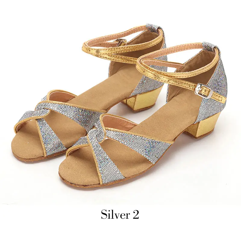 Детская обувь для латинских танцев; женская Обувь для бальных танцев, танго, латинских танцев, сальсы; Танцевальная обувь для девочек с серебряными и золотыми блестками на низком каблуке - Цвет: Silver 2