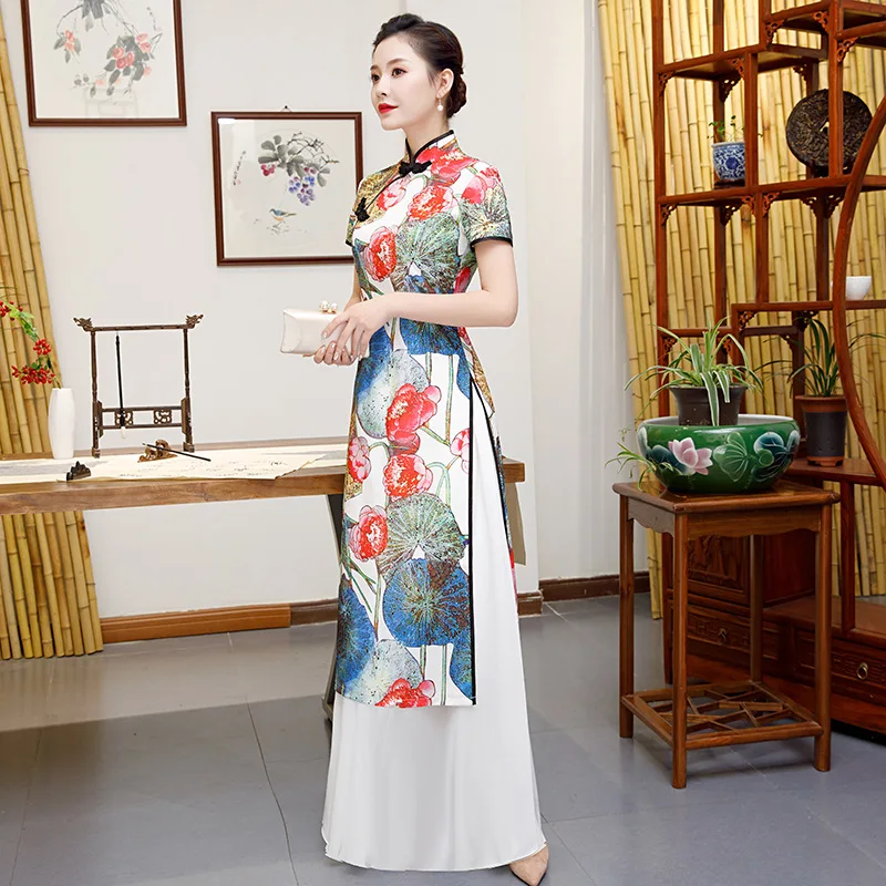 

White Plus Size 4XL 5XL Chinese Traditional Women Aodai Print Flower Qipao Vintage Cheongsam Novelty Chinese Formal Dress