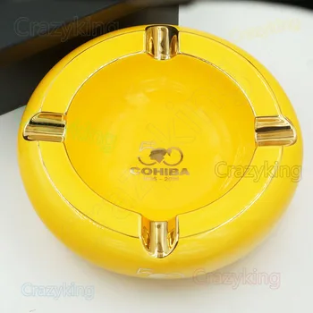 

New Cohiba Luxury Yellow Bone Ceramic 4 Set Cigar Big Ashtray Showing Stand Free Shipping