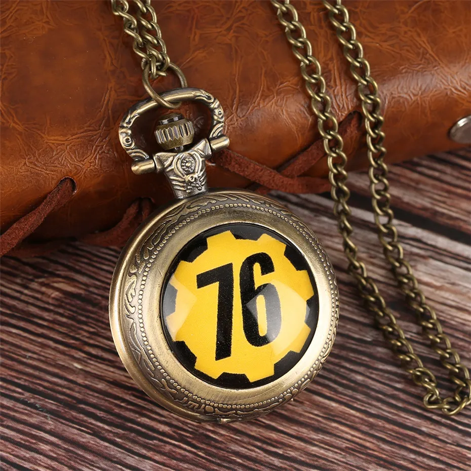 Модные бронзовые часы стиль ретро FALLOUT 76 кварцевые карманные часы мужской кулон уникальный подарок для детей с Цепочки и ожерелья цепи