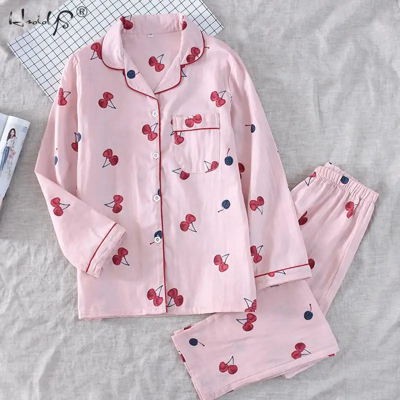 Хлопковый зимний женский пижамный комплект с длинными рукавами одежда для сна с героями мультфильмов осенние пижамы большого размера костюм домашняя одежда Комплекты из 2 предметов - Цвет: Pink cherry