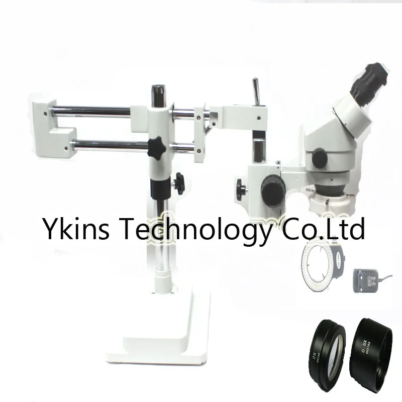 

3.5X-90X double Arm Boom Stand Binocular Stereo Zoom Microscope Electric Industry Microscopio 144 led rings ligths pcb repair