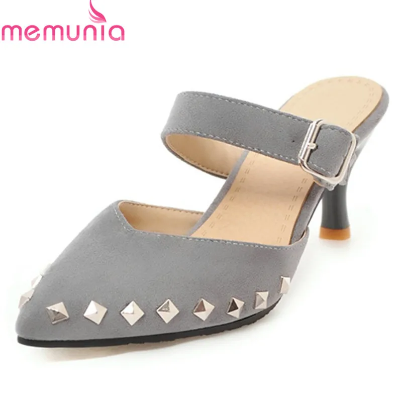 

MEMUNIA 2019 plus size 43 women sandals flock pointed toe summer shoes rivet high heels dress shoes buckle party shoes woman
