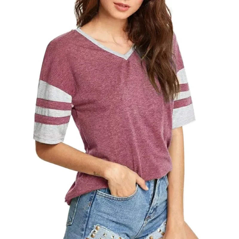 

T Shirt Women Fashion Tops Summer Casual Clothes Female V Neck Striped Patchwork Women Tshirt Short Sleeve Basic T-Shirt
