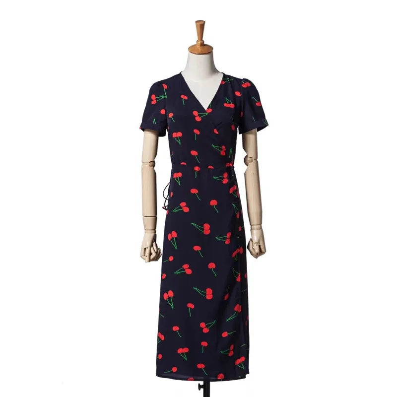 

QIANYUER Women V Neck Printing Surplice Long Dress Vintage Print Wrap Dress Wrapped print cherry dress female