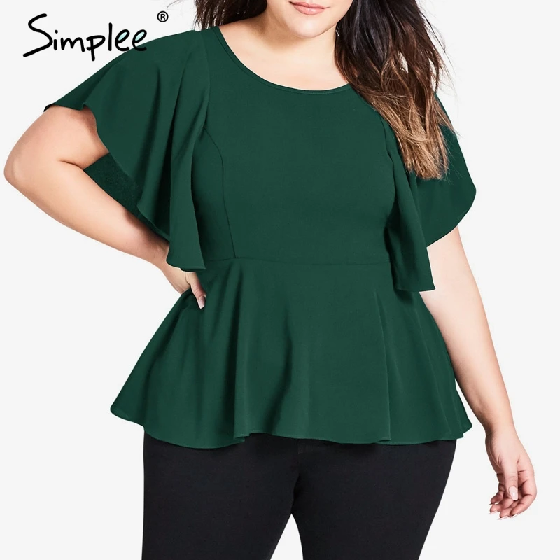  Simplee Plus size womens tops and blouses Elegant o-neck ruffled top shirt female Short sleeve soli