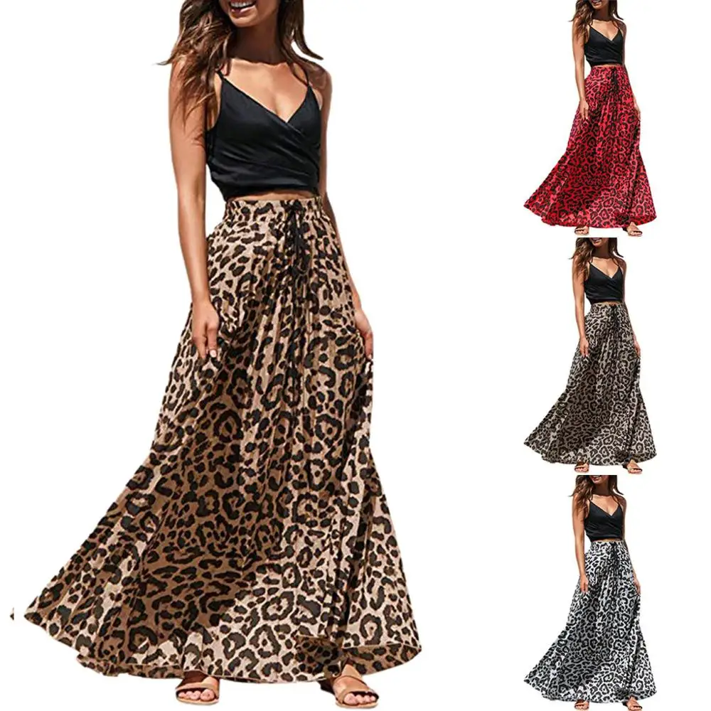 

Fashion Women Summer Skirt Leopard Print Long Drawstring Pleated High Waisted Bohemian Maxi Skirt
