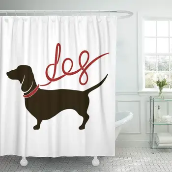 

Shower Curtain with Hooks Dog Symbol of New Year Black Silhouette Dachshund Red Lead in Shape Lettering Club Decorative Bathroom