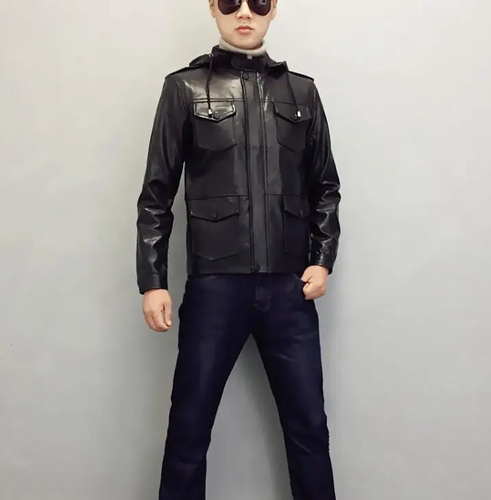 С капюшоном мотоциклетные для мужчин S кожаная куртка Тонкий больше карманов пальто одежда с длинным рукавом куртки jaqueta de couro уличн