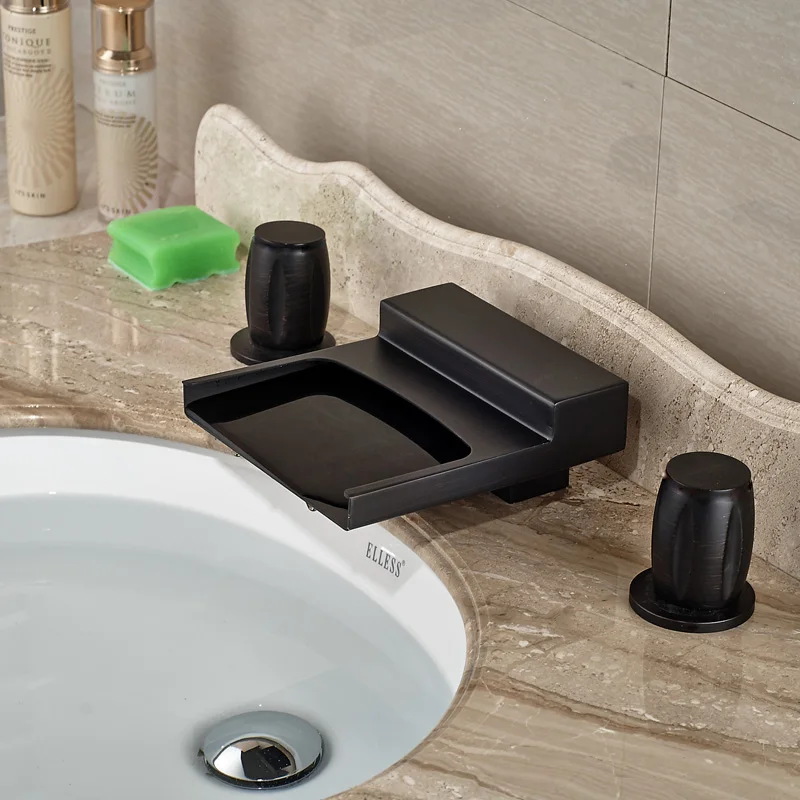 Deck Mount Dual Handles Waterfall Basin Sink Mixer Faucet Widespread 3 Hole with Hot Cold Water