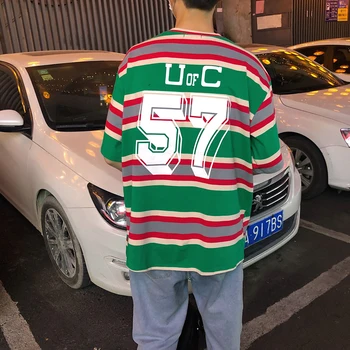 

2019 Summer Korean Men Casual Loose Letter Wide Striped Printing Cotton Tops Tee Round Collar Short Sleeve T-shirt Homme M-XL