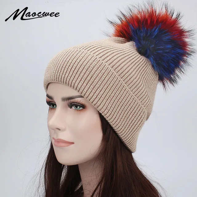 Buy New Colored Real Fur Pom Pom Hat Women Ladies