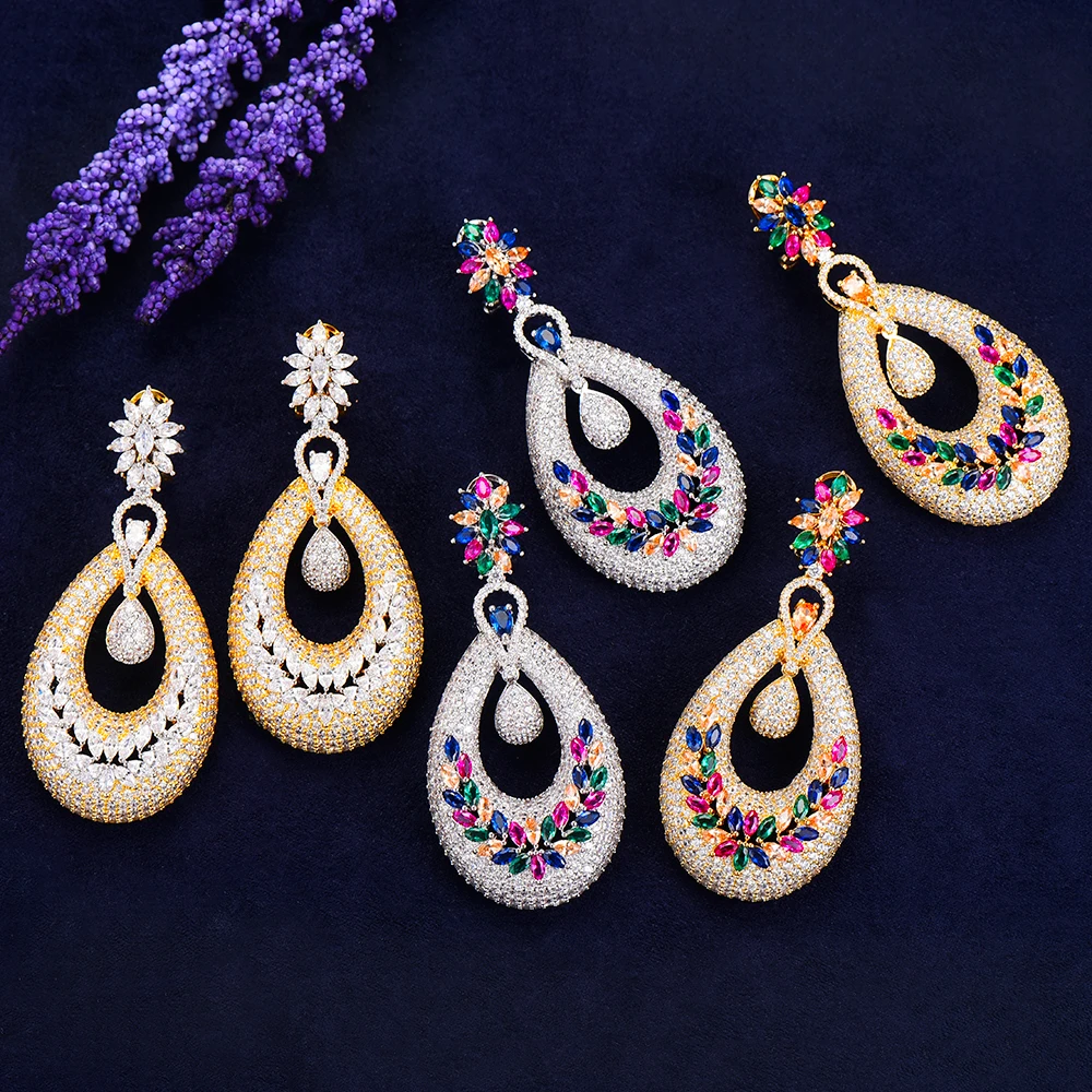 

SISCATHY 2019 Fashion Big Water Drop Earrings Luxury CZ Flower Statement Earrings for Women Wedding Wear Jewelry High Quality
