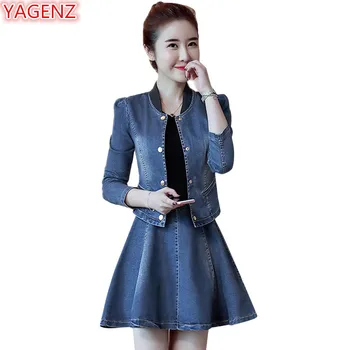 

YAGENZ Spring Autumn Clothes Denim Two Piece Set 2018 Fashion 2 Piece Outfits For Women Set Long sleeve Crop Top And Mini Skirt