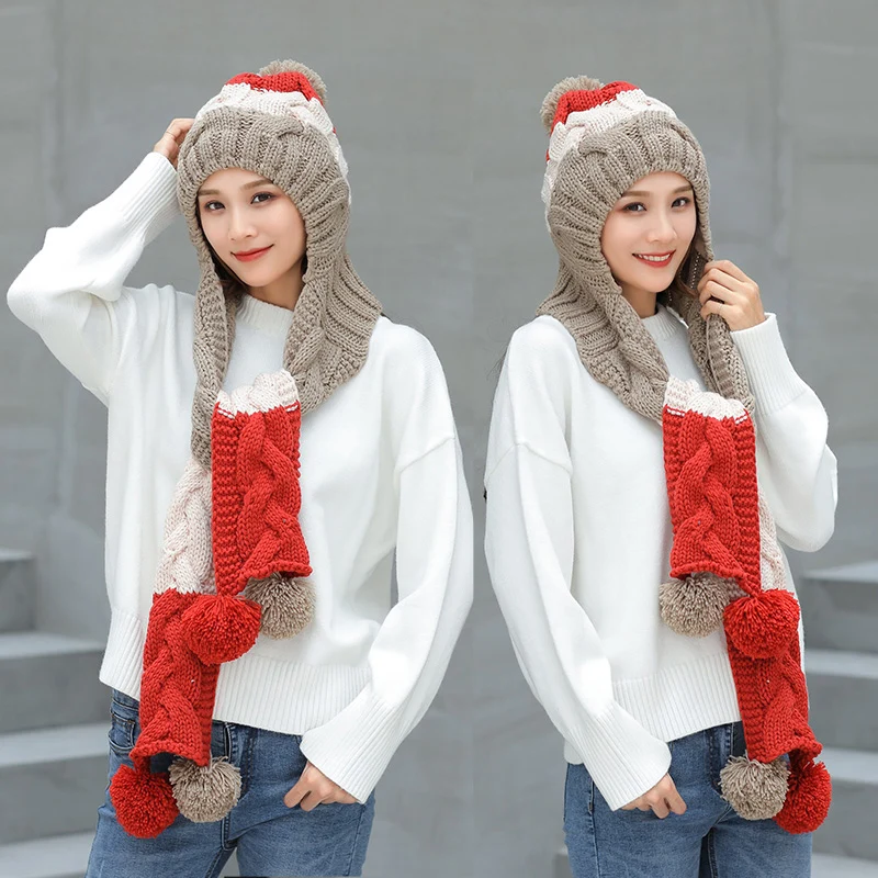 Kopen 2018 Nieuwe Winter hoed Meisje Leuke Warme Set Haak Cap Muts Sjaal Pompon Mutsen Sjaal Effen Weave Plus fluwelen hoofddeksels